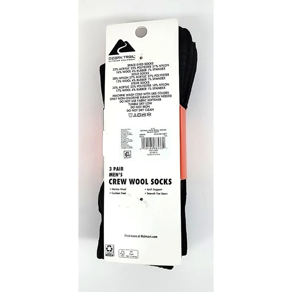Men's Ozark Trail Wool Blend Crew Socks 3 Pair Size 6-12 Black Soot